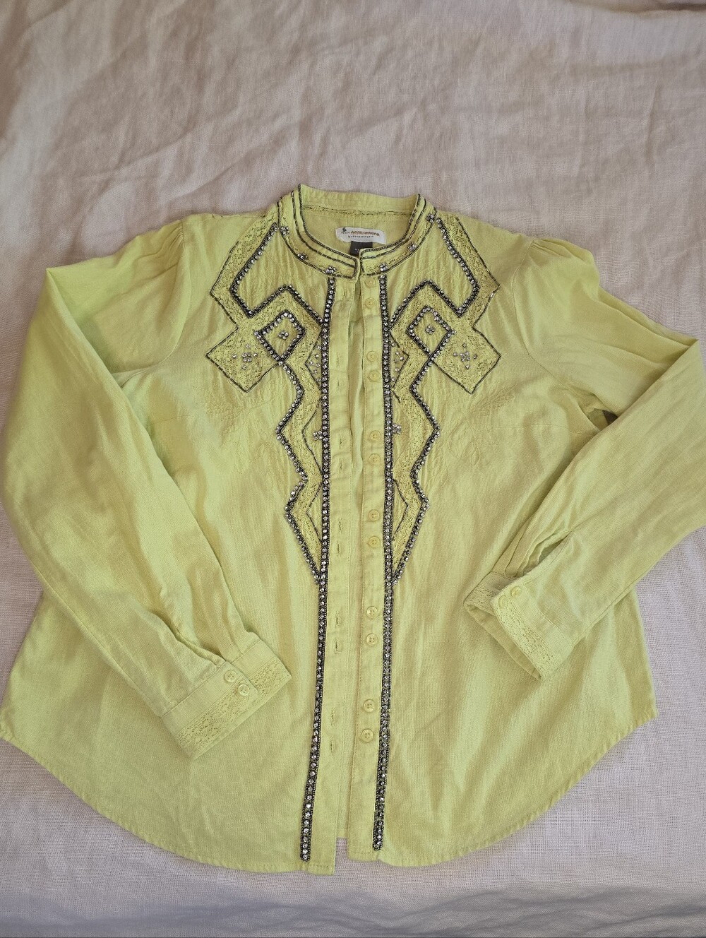 Pilcro Anthropologie Embellished Acid Yellow Long-Sleeve Linen Shirt